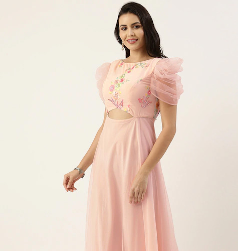 Pink Floral Embroidered Net Puff Sleeves Cut Out Detail Maxi Dress